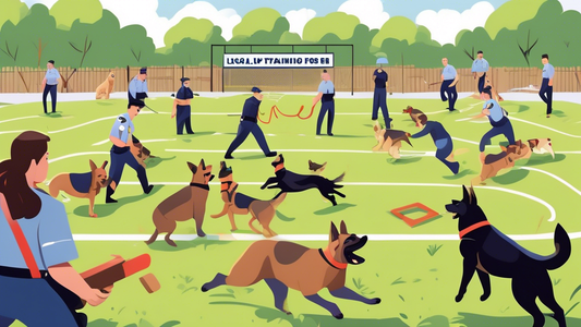 An illustration showing a lively scene at a local police dog training program. The setting is an open field with police officers in uniform working with their highly-trained dogs. The dogs, wearing ha