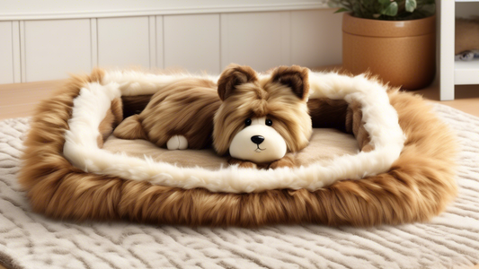 Create an image of a cozy living room where a realistic, lifelike stuffed dog, branded as Perfect Petzzz, is sitting contentedly on a plush rug. The dog looks incredibly lifelike, with detailed fur an