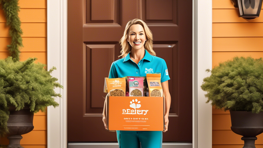 Create an image of a cheerful delivery person in a vibrant uniform, holding a box of fresh, high-quality dog food while standing at the doorstep of a cozy home. The door is open, and an excited, healt