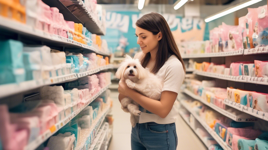 **DALL-E Prompt:**
A brightly lit pet store aisle filled with various types of training pads on the shelves. A pet owner, holding a small puppy, thoughtfully examines a package of training pads, comp