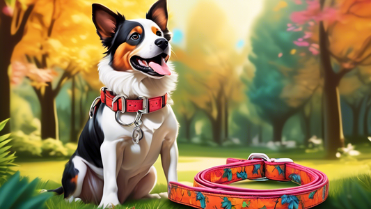 Create a highly detailed, vibrant image of a dog showcasing the perfect dog collar, harness, and leash set. The set should be stylish, comfortable, and functional, with features like padded straps, ad