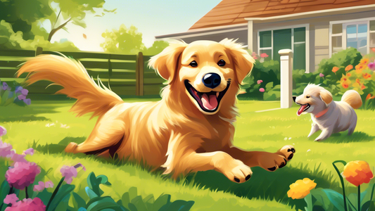 A cheerful dog playing enthusiastically with a realistic-looking possum dog toy in a sunny backyard. The dog, a happy Golden Retriever, is wagging its tail and playfully pouncing on the durable, soft