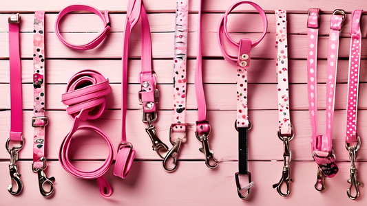 Create an image of a variety of stylish pink dog leads displayed on a wooden table. Each lead should have unique designs, such as polka dots, stripes, or floral patterns. Include small dog accessories