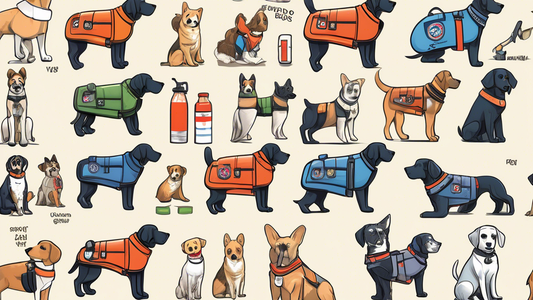 Create a detailed illustration of a small, well-groomed service dog wearing various types of service vests. The image should feature a variety of vest styles, colors, and fabrics, clearly showing how