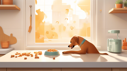 Illustration of a happy dog using an interactive feeder during mealtime. The feeder is designed with puzzle elements and compartments, encouraging the dog to engage and problem-solve. The background s