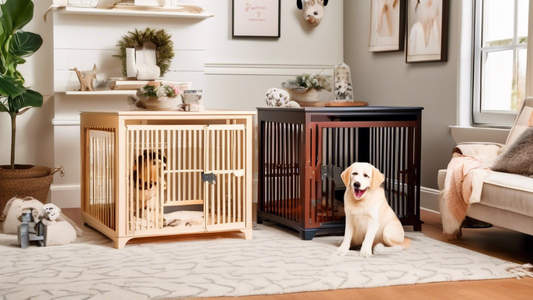 An inviting scene featuring a variety of custom dog crates in different sizes, colors, and designs, each with unique features such as decorative patterns, built-in beds, and personalized nameplates. A