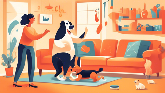 Create a heartwarming and vibrant illustration of a person teaching their dog various tricks. The scene should feature a playful and well-groomed dog joyfully performing tricks like sitting, shaking h