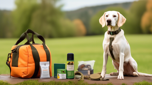 Create an image showcasing a well-organized collection of essential supplies for training a bird dog. Include items such as a durable leash, training dummy, whistle, e-collar, treat pouch, and bird sc