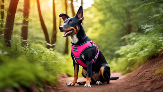 Generate an image of a sleek, stylish neoprene dog harness from the Arcadia Trail brand, being worn by a happy, energetic dog on a nature trail. The harness should feature adjustable straps, durable m