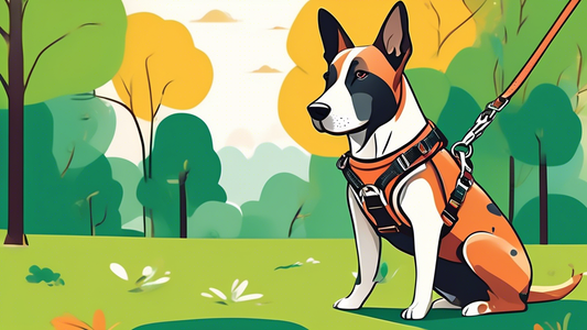 Create an image of a dog happily wearing a sleek, modern harness called the 'Wild One Harness' while being trained outdoors by a person. The setting should be a lush, green park with clear skies. Show