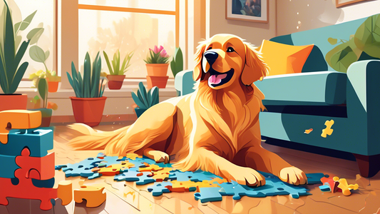A cheerful Golden Retriever enthusiastically solving a colorful, interactive puzzle toy in a cozy living room. The background features a comfy couch, potted plants, and windows letting in natural sunl