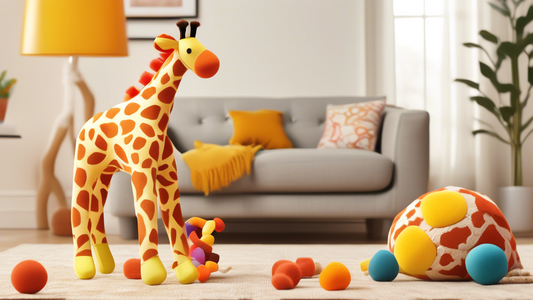 Create an image of a playful and colorful dog toy shaped like a giraffe. The toy should have engaging features such as squeakers, crinkly parts, and different textures to make it fun for dogs. Show a
