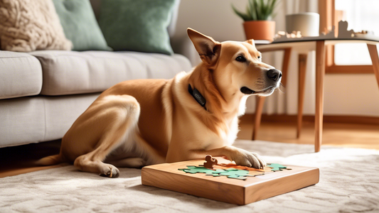 A happy dog engaged with an intricate Nina Ottosson puzzle toy by Outward Hound in a cozy living room. The dog is using its paws and nose to interact with the toy, while various puzzle pieces are skil