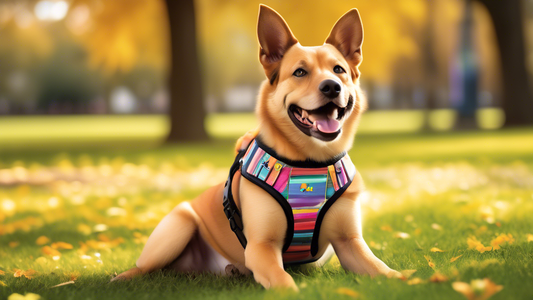 Create an image of a smiling dog wearing a colorful, comfortable, and high-quality harness in a park setting. Surround the dog with a few different styles and types of harnesses on display, showing va