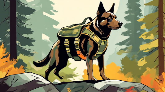 Create an image of a medium-sized, adventurous dog wearing a tactical harness equipped with various pouches. The setting is an outdoor environment, like a forest or a mountain trail, symbolizing prepa