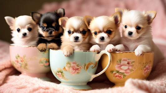 Create an image of a group of adorable teacup puppies of various breeds, such as Chihuahuas, Pomeranians, and Yorkshire Terriers, playfully interacting in a cozy, well-lit setting. The puppies should