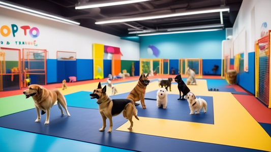 A vibrant and welcoming dog training facility with professional trainers working with various breeds of dogs, demonstrating obedience commands and agility exercises. The backdrop includes a clean and