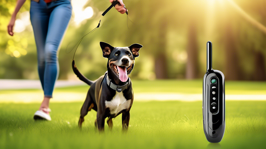 Create an image that features a sleek, modern hands-free dog training device in a natural outdoor setting. Show a happy dog off-leash with the Dogtra ARC collar around its neck, and a person holding t