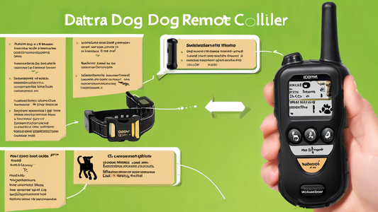 Create an image showing a detailed, labeled diagram of the Dogtra 200C remote dog training collar. The collar should be shown on a dog, with arrows pointing to key features like the stimulation button