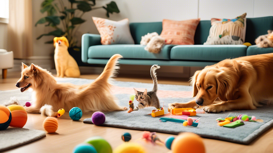 A colorful and joyful scene featuring a variety of popular pet toys spread around a comfortable living room. The toys include plush squeaky animals, rope pull toys, interactive treat dispensers, and c