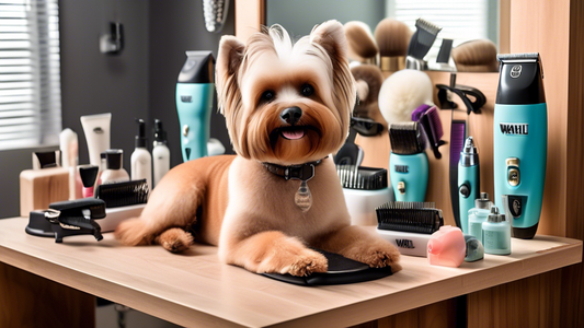 A detailed, well-lit image of a professional pet grooming setup featuring a high-quality pair of Wahl dog clippers. The scene includes a clean grooming table, various grooming tools, and a happy, well