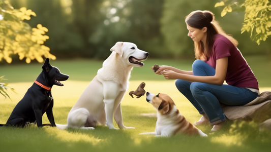 Create an image of a canine behaviorist in a serene outdoor setting interacting with a variety of dog breeds. The behaviorist should be demonstrating positive reinforcement training techniques, such a