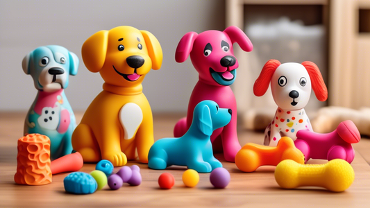 An assortment of colorful rubber squeaky dog toys displayed neatly on a wooden table, including shapes like bones, balls, and animals. Each toy is brightly colored and designed with fun textures. In t
