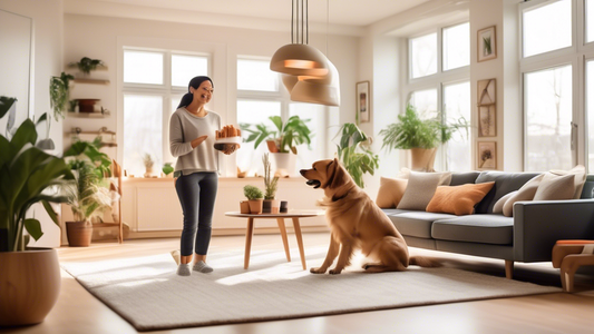 A cozy, modern living room with a happy dog and a smiling trainer. The trainer demonstrates positive reinforcement with treats and patience while the dog follows commands like 'sit' and 'stay.' Soft n