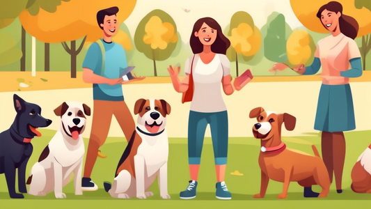 Create an image of a friendly, professional dog trainer in a park teaching a group of excited and happy dogs different commands and tricks. Include various breeds of dogs, showcasing their enthusiasm