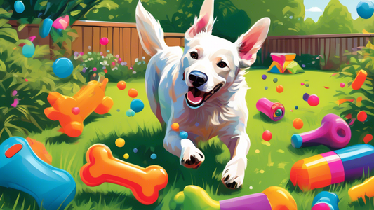 An enchanting illustration of a joyful dog playing with colorful, durable Tuffy Dog Toys in a lush backyard. The toys are scattered around, showing their toughness even as the dog bites and tugs at th