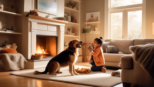 Create a heartwarming scene set in a cozy, sunlit living room with a family joyfully interacting with a Joyhound, a friendly and expressive hybrid dog. The Joyhound should have a sleek coat, floppy ea