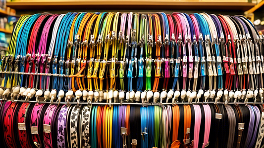 Create an image of a variety of dog leashes designed by Cesar Millan, beautifully arranged on a display rack in a pet store. The leashes should feature different colors, materials, and sizes to accomm
