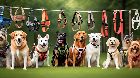 A diverse array of non-pull dog harnesses neatly displayed, featuring various styles, colors, and designs. The scene should include different breeds of dogs, both large and small, happily wearing the