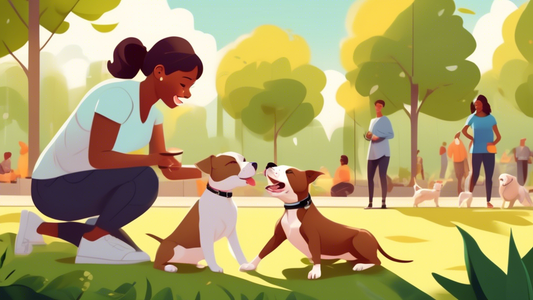 Create a heartwarming and educational scene featuring a person training a playful Pitbull puppy in a sunny park. The trainer is using positive reinforcement techniques, like treats and toys, while gen