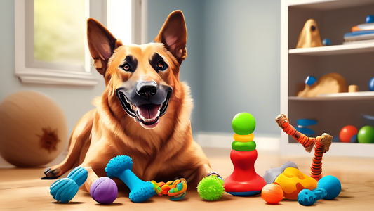 Create a detailed image depicting a variety of durable and engaging dog toys designed for heavy chewers. The scene should include a happy, energetic dog surrounded by an assortment of robust chew toys