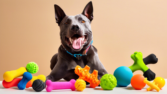 Create an image showcasing a selection of durable, brightly colored dog toys specifically designed for power chewers. Include a variety of shapes such as bones, balls, and puzzle toys made from robust