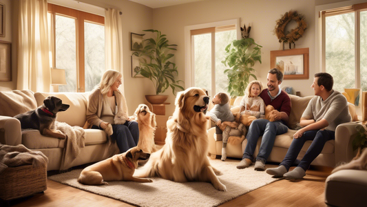 Create an image of a family in a cozy living room interacting with various dog breeds. The scene should show dogs of different sizes and temperaments, such as a calm Golden Retriever, an attentive Ger