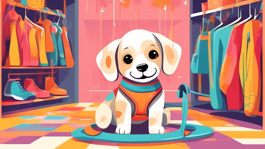 Create an image of a cheerful puppy wearing a stylish and comfortable harness, attached to a matching leash. The scene should be set in a bright and inviting pet store, with shelves displaying various