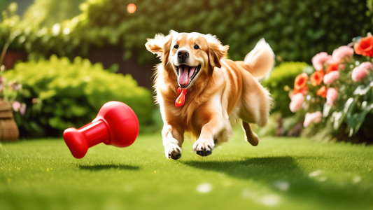 Create an image of a happy dog playing with a bright red Kong squeaky toy in a sunny backyard. The dog, a cheerful Golden Retriever, is mid-jump with a joyful expression, gripping the toy in its mouth