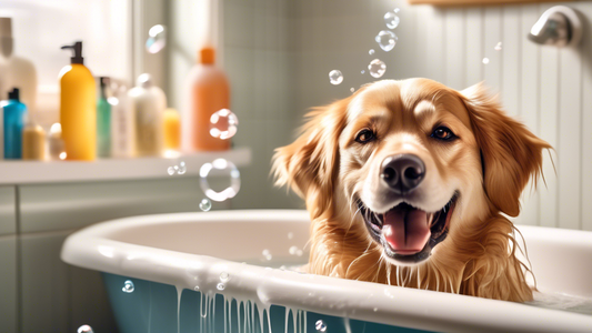 Create a detailed image of a happy dog enjoying a bath in a cozy, brightly-lit bathroom. The dog is relaxed and smiling with bubbles around, while a bottle labeled Tearless Dog Shampoo is prominently