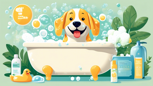Create an illustration of a happy dog with a shiny, clean coat being bathed in a bathtub filled with bubbles. Highlight a bottle of medicated dog shampoo on a nearby shelf with labels showing ingredie