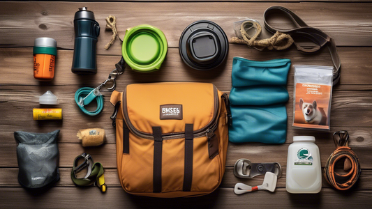 Create an image of a well-organized dog gear bag laid out on a rustic wooden surface. The bag should include essential items such as a collapsible water bowl, dog leash, portable food container, first