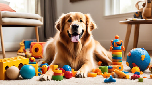 Create an image of various durable, colorful, and engaging toys specifically designed for large breed dogs, scattered around a cozy playroom setting. Include different types of toys such as chew toys,