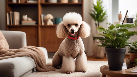 A cozy living room setting with a small, well-groomed poodle being gently brushed by its owner. The poodle looks happy and content. To the side, a collection of grooming tools, healthy treats, and a c