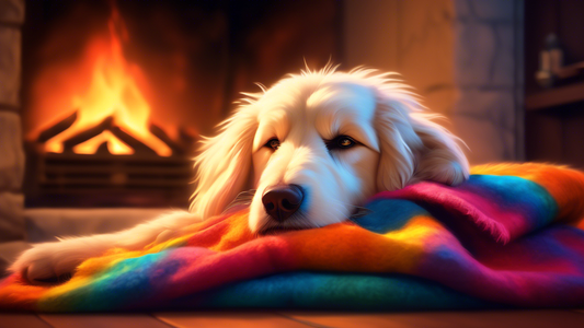 A heartwarming scene of a fluffy dog curled up on a cozy, colorful pet blanket by a fireplace, with soft lighting and a warm ambiance.