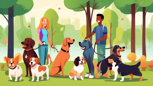 Create an image of a cheerful park scene with several dogs of different breeds being trained by professional dog trainers. Show trainers using various training techniques, like clicker training, agili