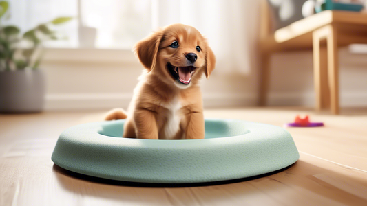 Create an image showing a cute, happy puppy sitting on a cheerful, cartoonish potty training pad in a cozy living room setting. The scene should include a pet owner in the background, holding a small