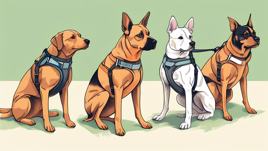 Create a detailed illustration of a variety of rear-leg harnesses displayed alongside different dog breeds. The image should show dogs wearing harnesses comfortably in a park setting, with labels and
