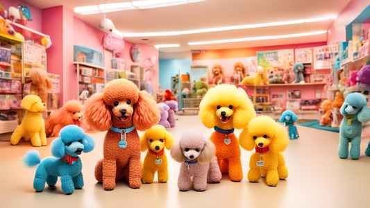 A cheerful image depicting a family-friendly pet store with a colorful sign that reads Affordable Toy Poodles for Sale. The store's interior is warmly lit and inviting, showcasing a playful environmen