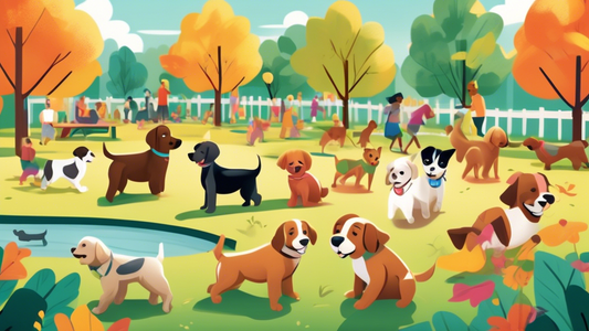 Create an illustration of a diverse group of puppies playing together in a vibrant, community park. Surround the scene with a variety of welcoming features like open green spaces, a puppy obstacle cou